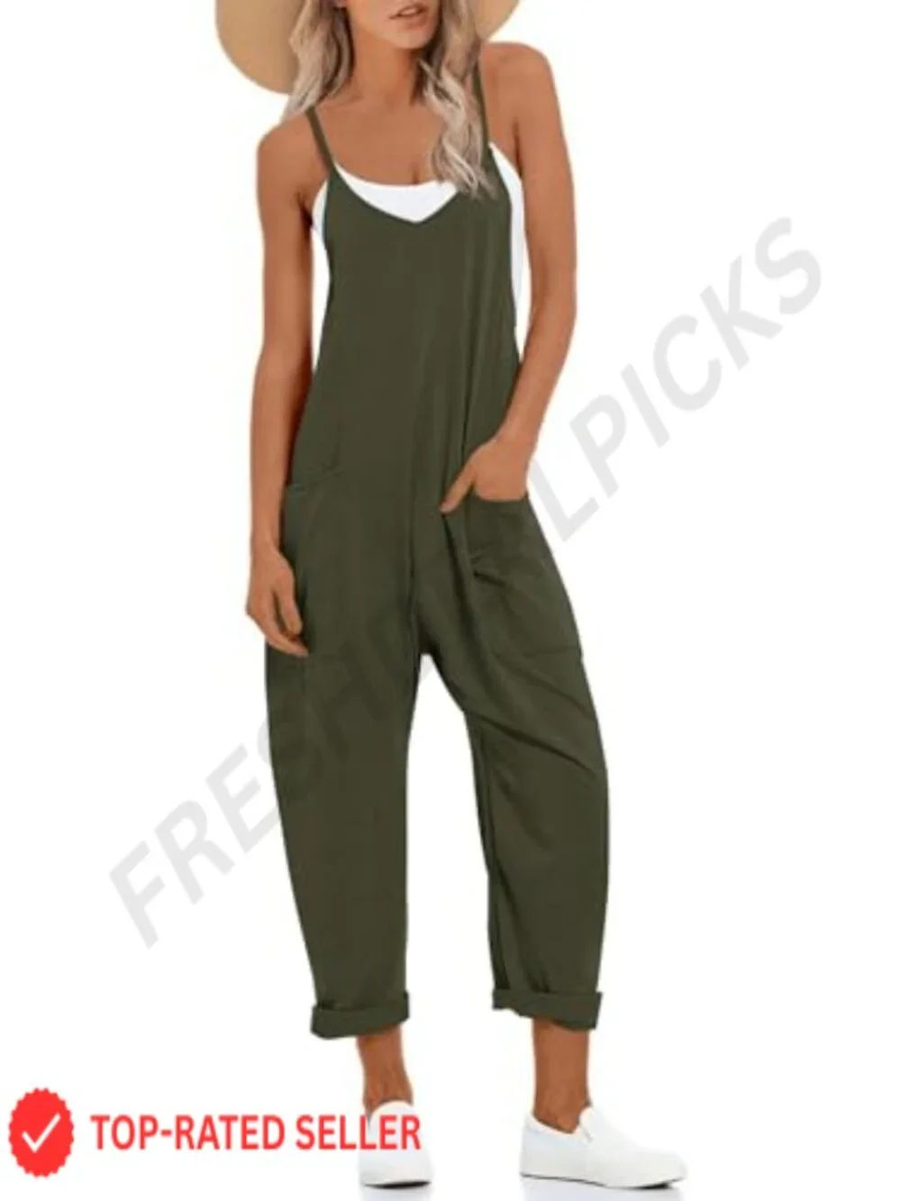 Women's Sleeveless V Neck Jumpsuit with Pockets, Stretchy Adjustable Strap
